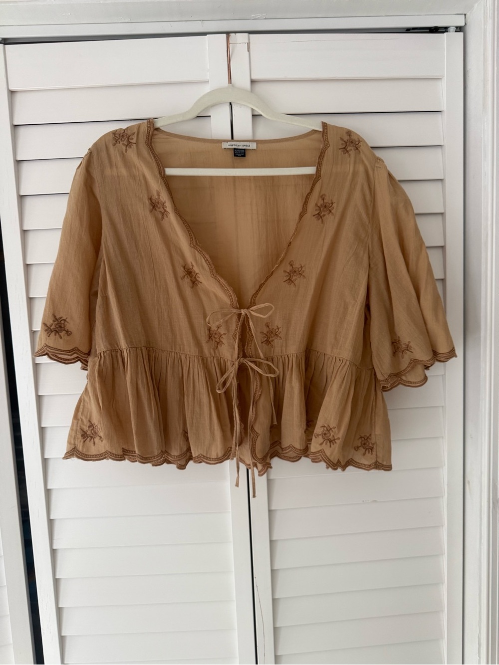 American Eagle Outfitters Embroidered Tie-Front Top